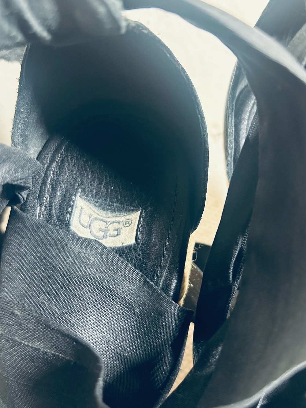 UGG Black Espadrille Wedge Sandals with Ankle Wrap - Picture 7 of 14